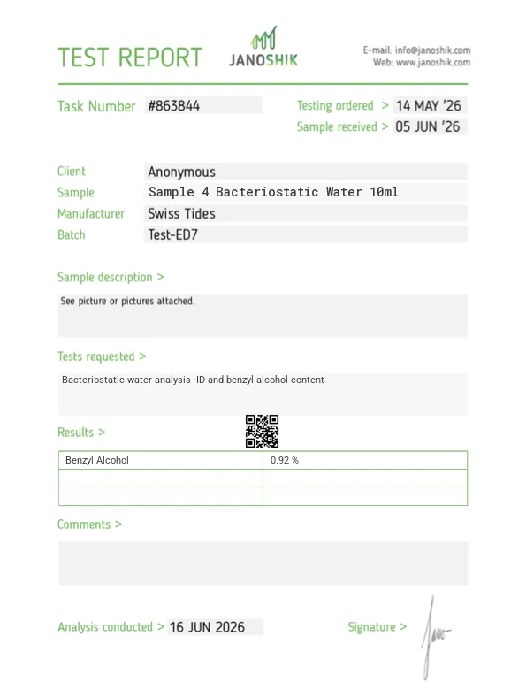Bacteriostatic Water 10ml test report