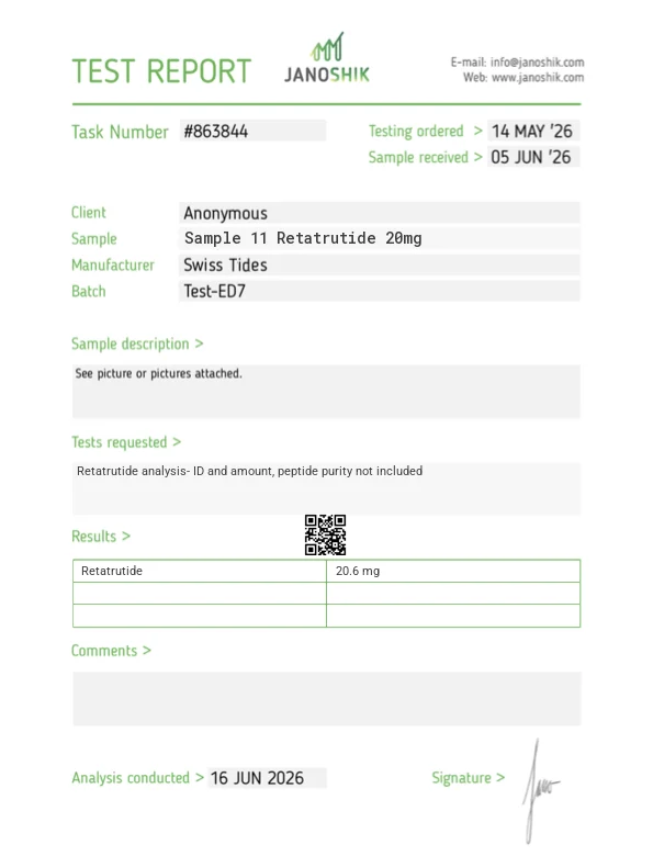 Janoshik Analytical test report for a Swiss Tides batch